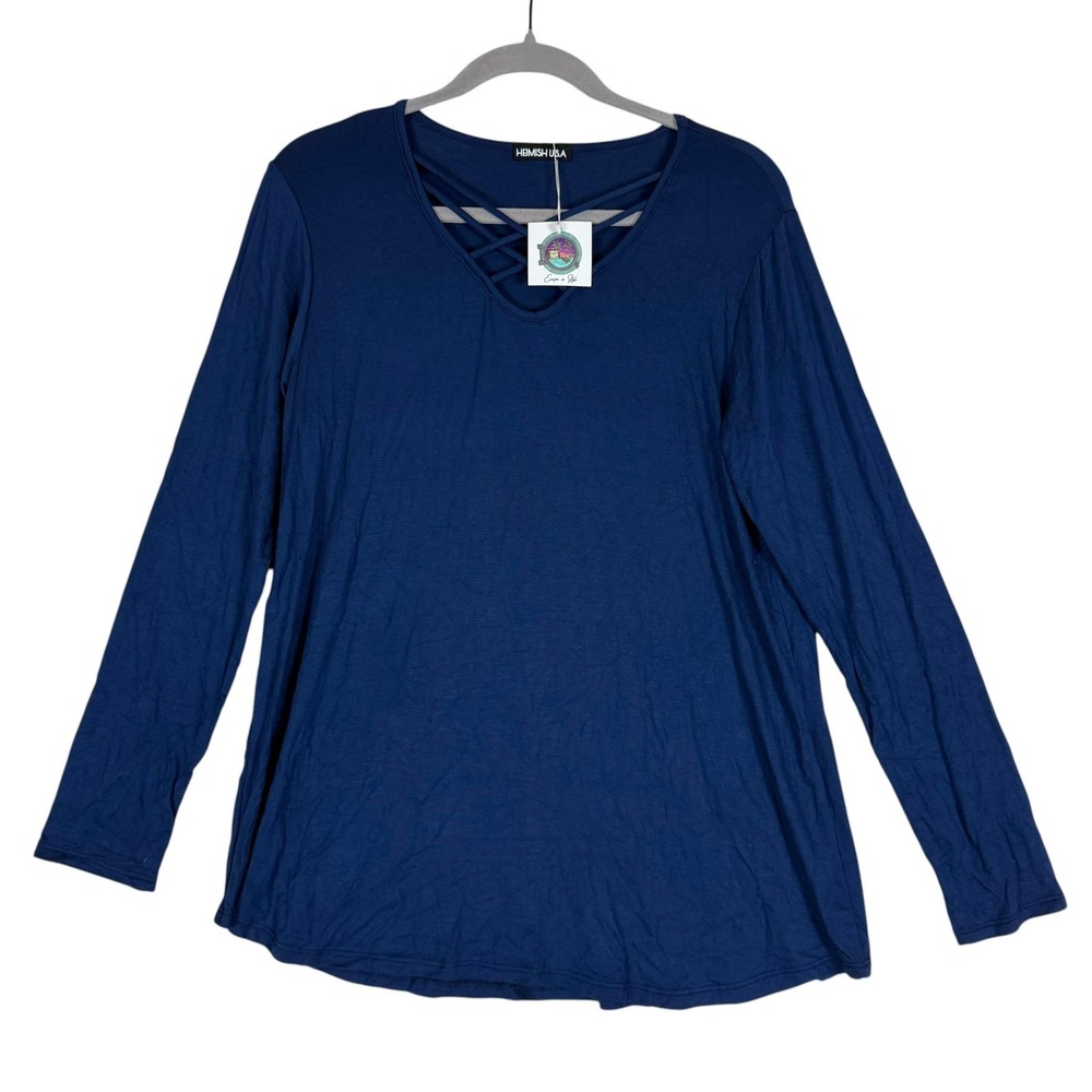 HEIMISH USA Shirt Womens Small Navy Blue V Neck Criss Cross Long Sleeve Tunic